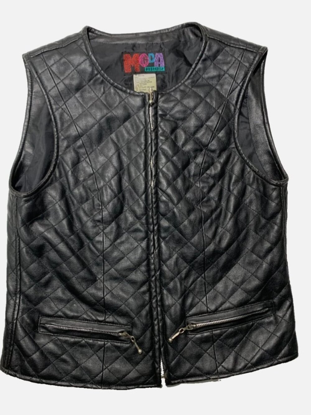 Moda Black Faux Leather Quilted Vest Women's Medium Zip Pockets Y2K - Late 90s